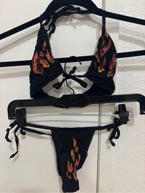 Y2K vintage rave festival flame glitter air brush black fire bikini lingerie sm